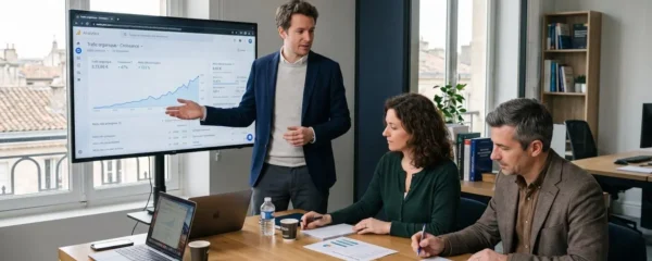 Réunion professionnelle dans un bureau bordelais, consultant SEO présentant des analytics de trafic web sur écran à deux dirigeants d'entreprise