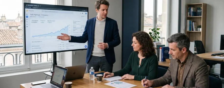 Réunion professionnelle dans un bureau bordelais, consultant SEO présentant des analytics de trafic web sur écran à deux dirigeants d'entreprise