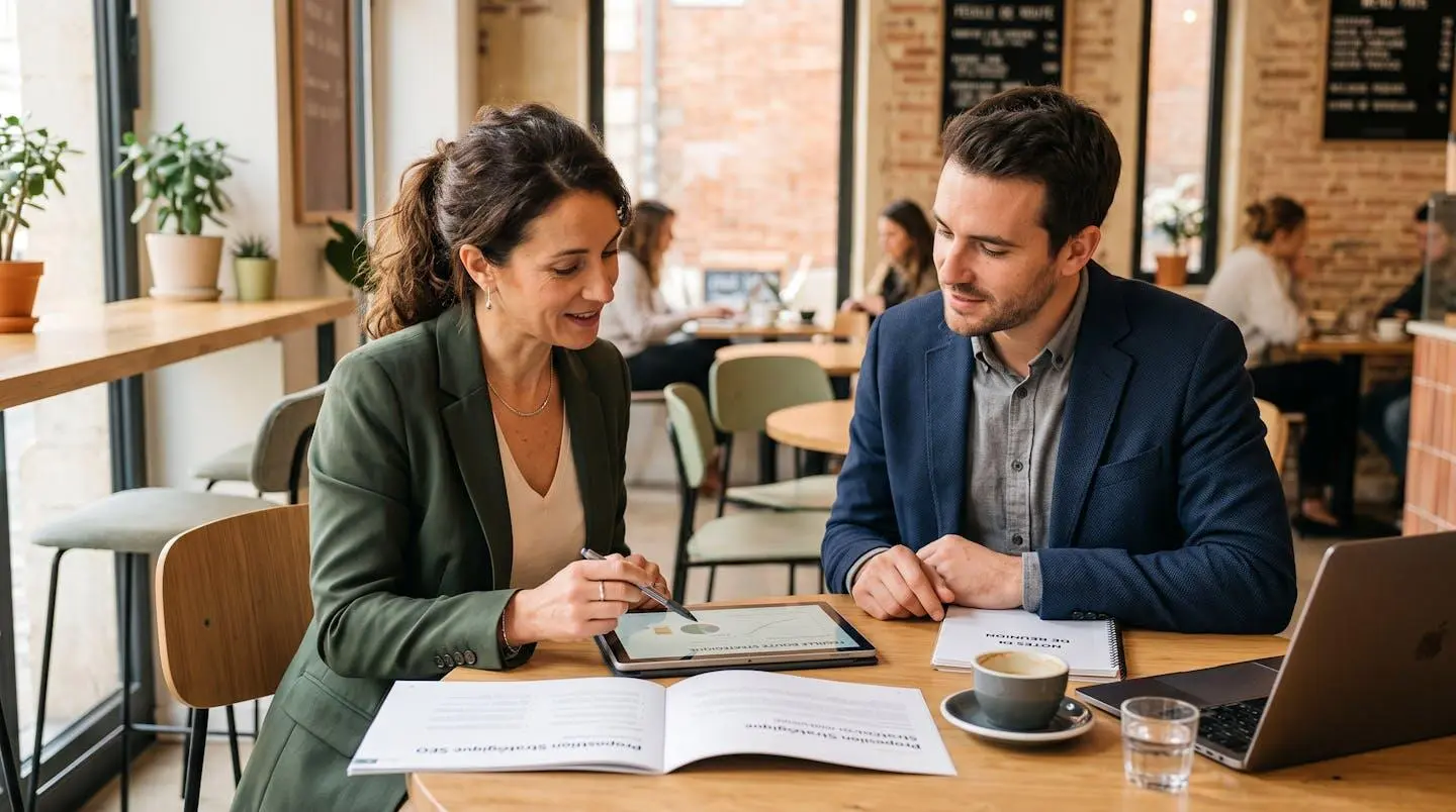 Rencontre professionnelle entre dirigeante d'entreprise bordelaise et consultant SEO examinant une proposition de stratégie digitale